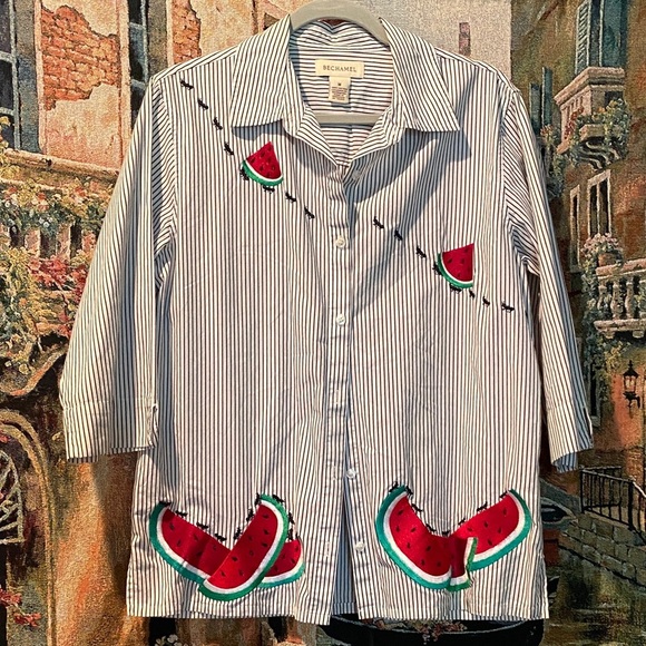 Bechamel Cotton Blue Striped Watermelon Shirt Size Medium - Picture 4 of 4